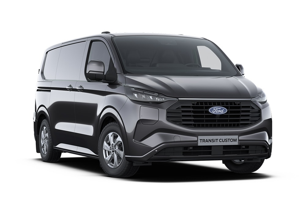 Schuin vooraanzicht links van een donkergrijze Ford Transit Custom Limited bestelwagen tegen een witte achtergrond.