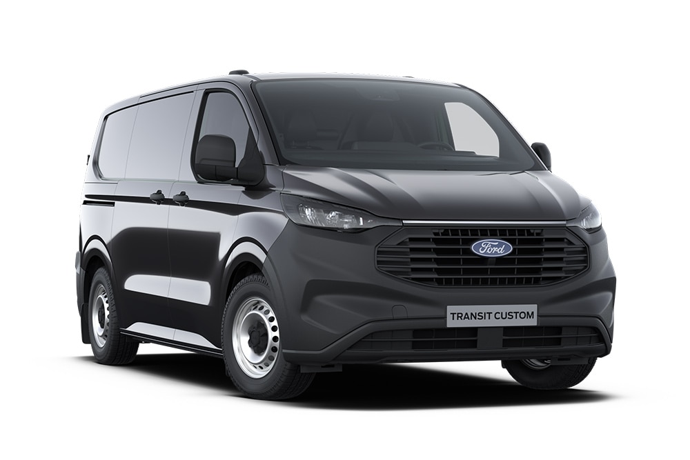 Schuin vooraanzicht links van een donkergrijze Ford Transit Custom bestelwagen tegen een witte achtergrond.