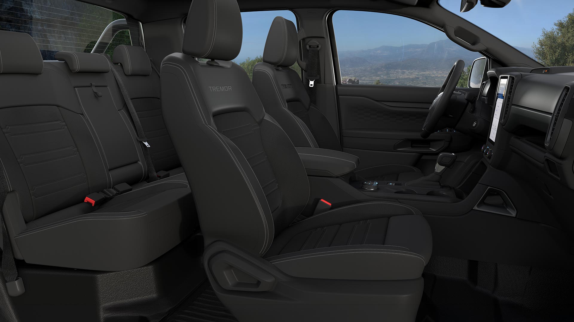 Het interieur van een Ford Ranger met dubbele cabine, om de voorstoelen te laten zien.