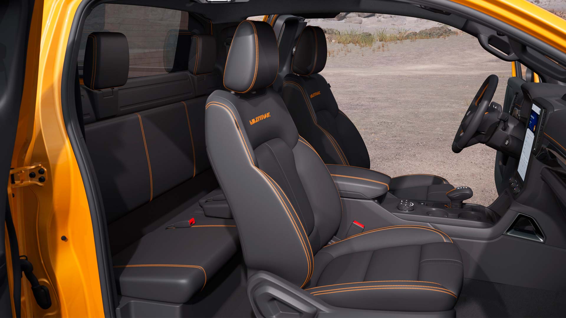 Profielaanzicht door het interieur van de cabine van een Ford Ranger Wildtrak met supercabine.