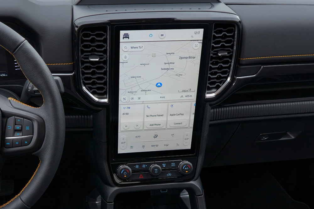 Een lose-up van het 12-inch centrale touchscreen van de Ford Ranger SYNC™ 4.
