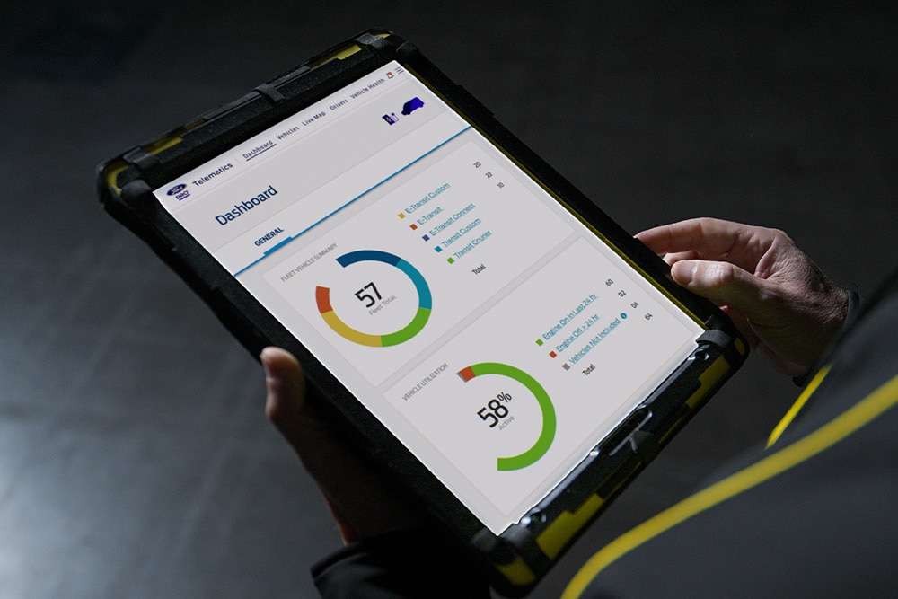 Handen die een tablet vasthouden waarop het Ford app Pro-dashboard met voertuigprestatiegegevens te zien is.