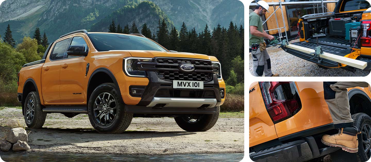 Een gele Ford Ranger Wildtrak geparkeerd op rotsachtig terrein met een berg op de achtergrond.