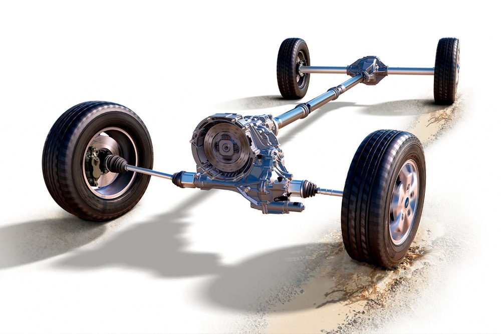 Chassis en wielen met vierwielaandrijving. 
