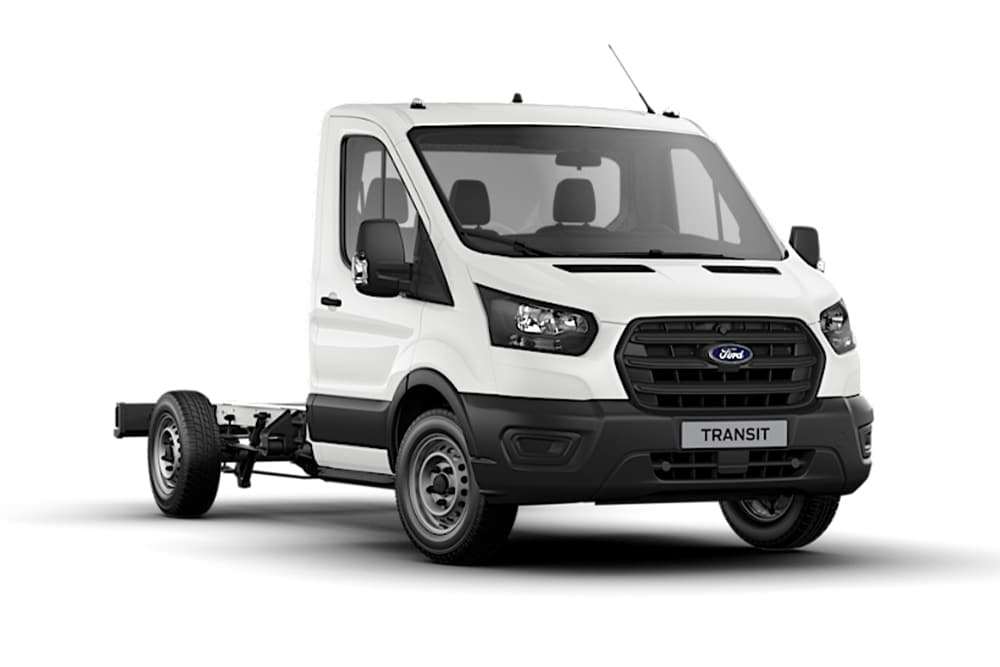 Witte Ford Transit Base-chassis met enkele cabine op een witte achtergrond.