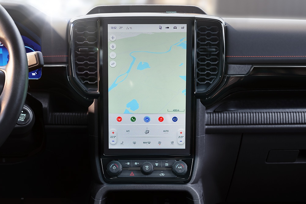 Een close-up van het 12-inch centrale touchscreen van de Ford Ranger SYNC™ 4.