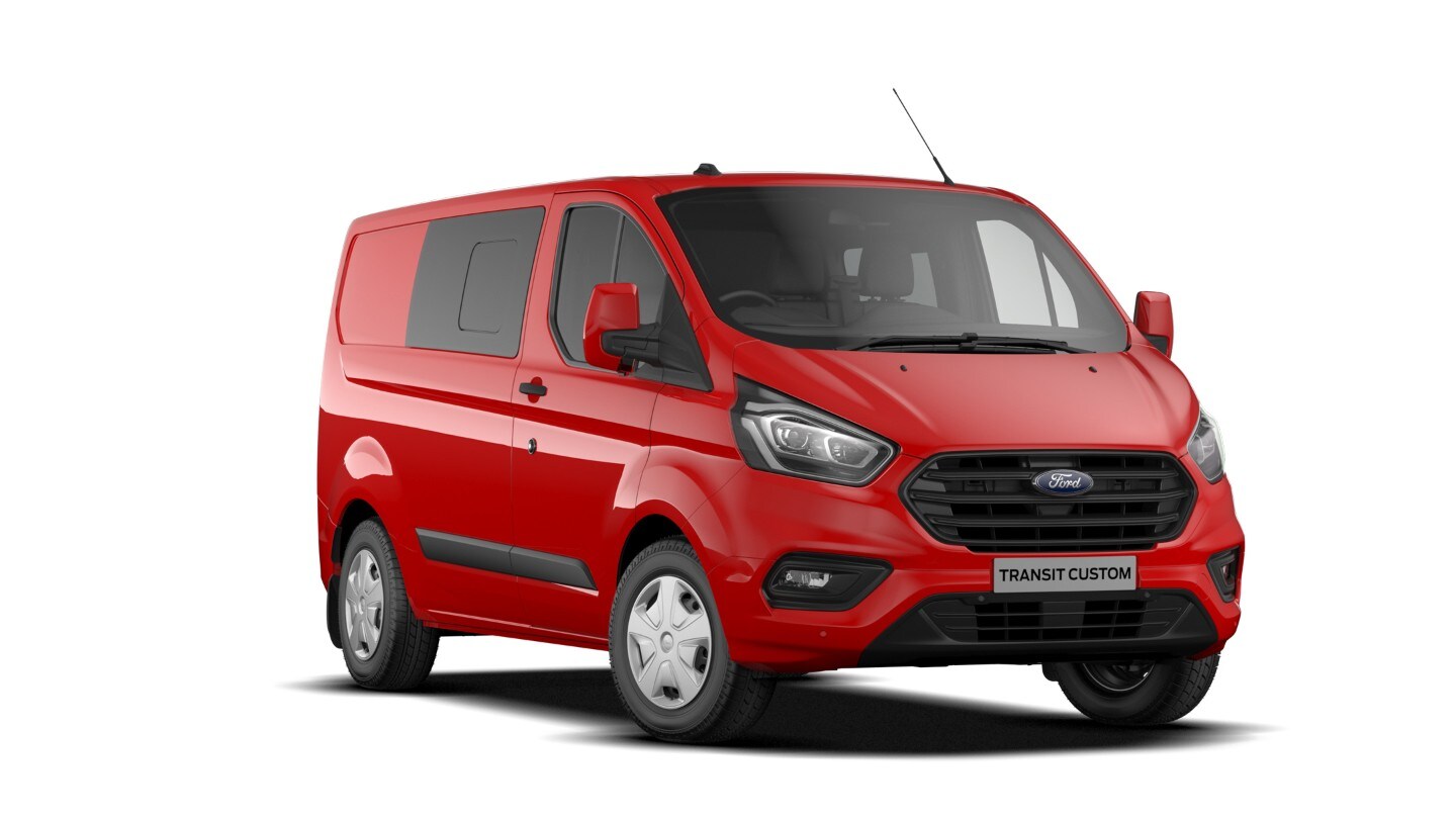 De rode Ford Transit Custom Dubbele Cabine