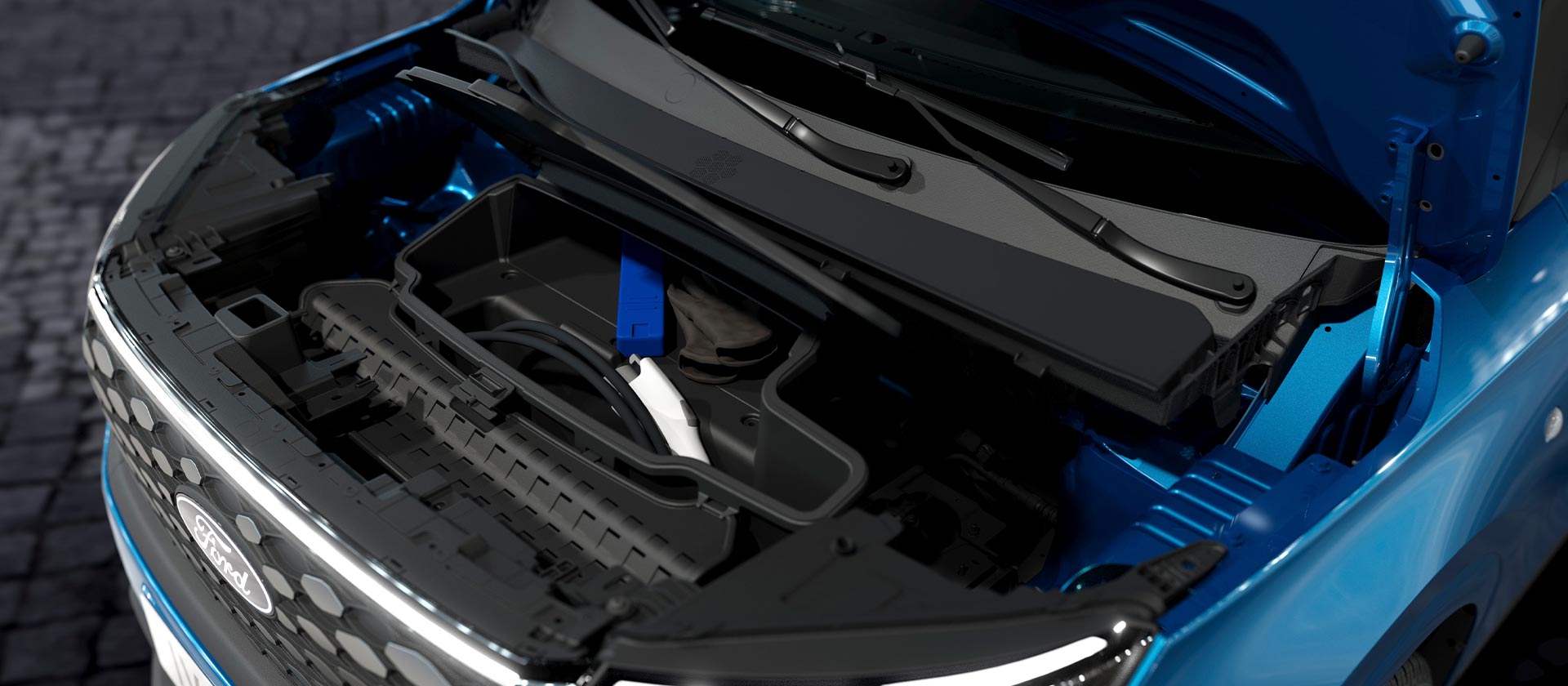Bovenaanzicht van de frunk van de Ford E-Reansit Custom