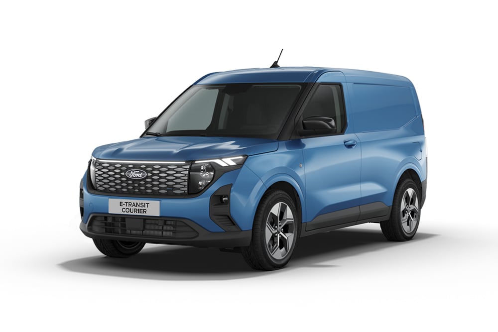 Blauwe Ford E-Transit Courier, zijaanzicht