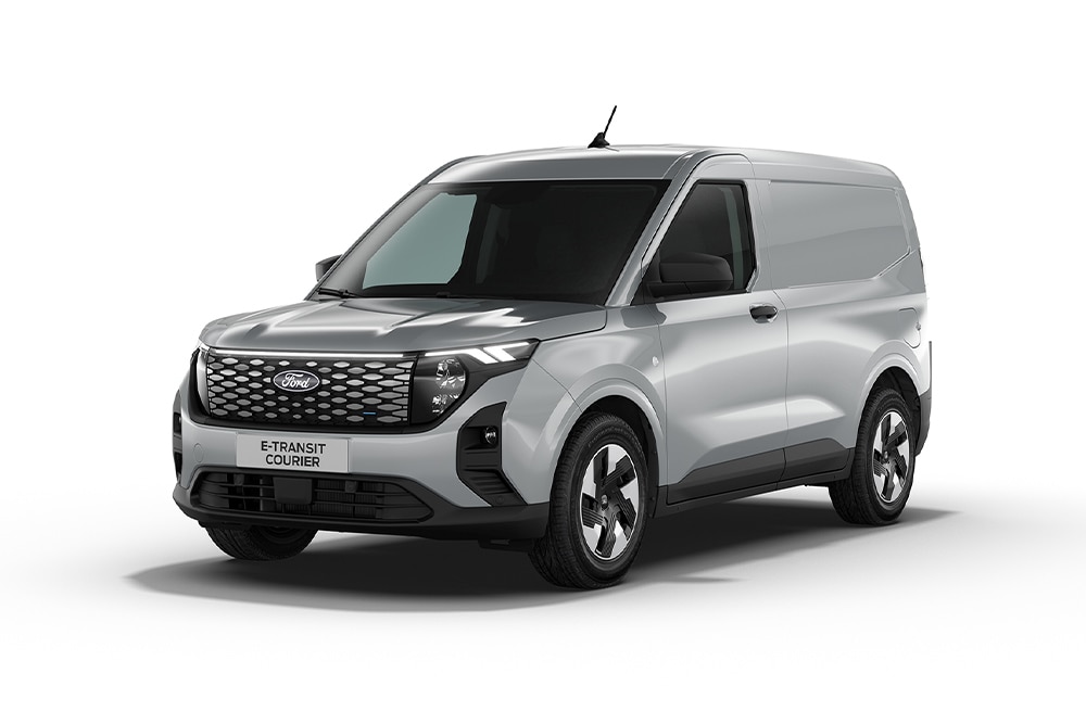 Zilveren Ford E-Transit Courier, zijaanzicht