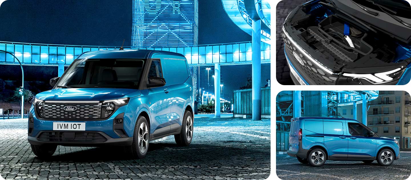 Ford E-Transit Courier blauw, vooraanzicht
