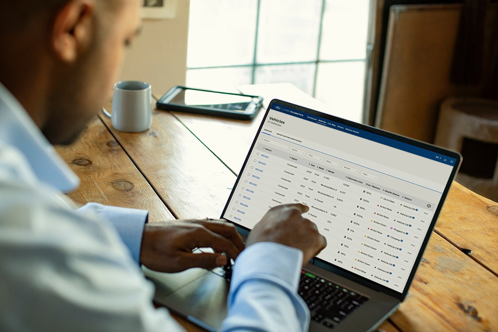 Ford Pro wagenparkbeheerder bekijkt voertuiggegevens op zijn laptop.