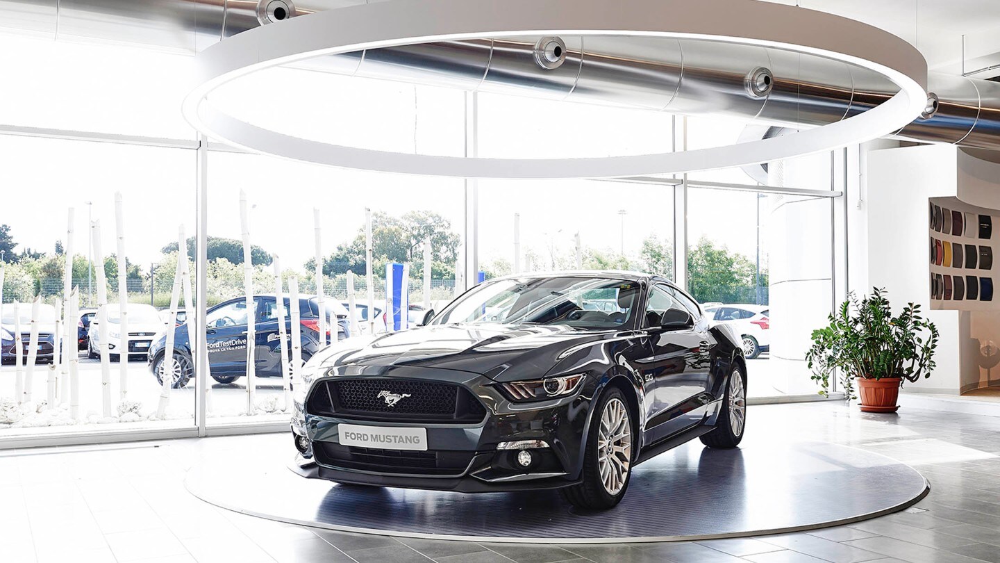 black Mustang in Ford Store